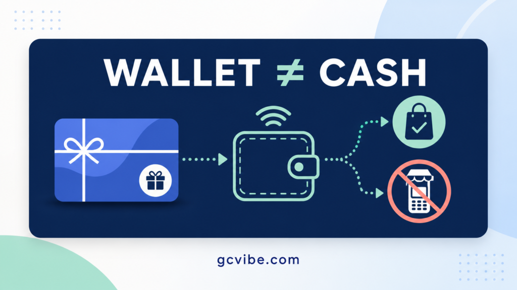 Diagram showing that an Apple Gift Card balance in Wallet is not general-purpose cash