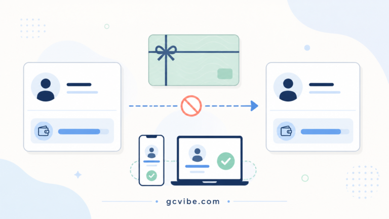 Diagram showing an Apple gift card balance blocked from moving between two accounts while remaining available on the same account across devices