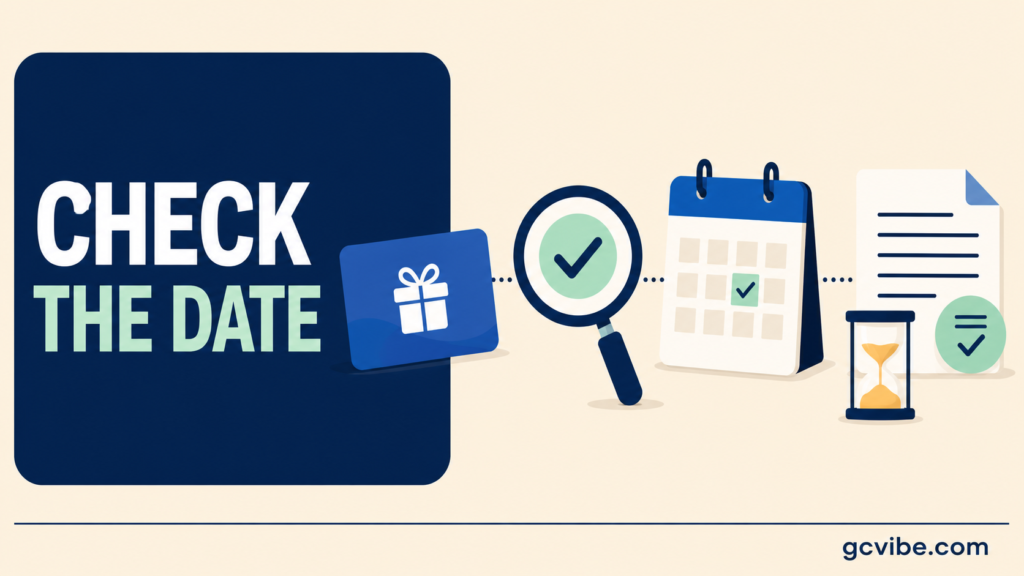 Gift card expiration checklist with a calendar, terms document and magnifying glass