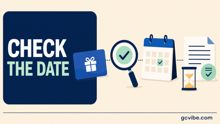 Gift card expiration checklist with a calendar, terms document and magnifying glass