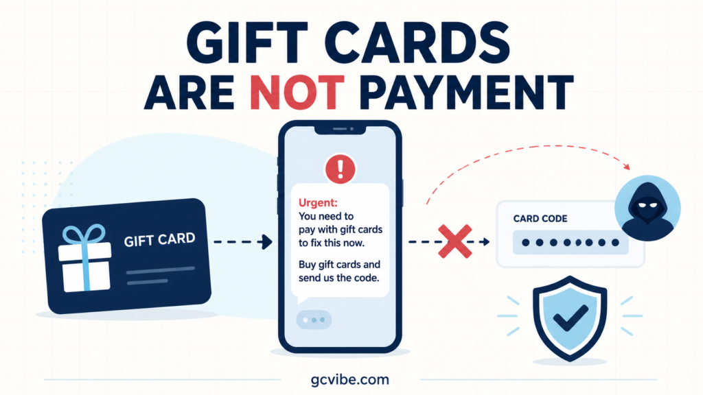 Illustration warning that gift cards are not a payment method, with an urgent phone message, blocked card code and safety shield