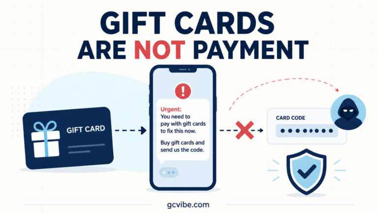 Illustration warning that gift cards are not a payment method, with an urgent phone message, blocked card code and safety shield